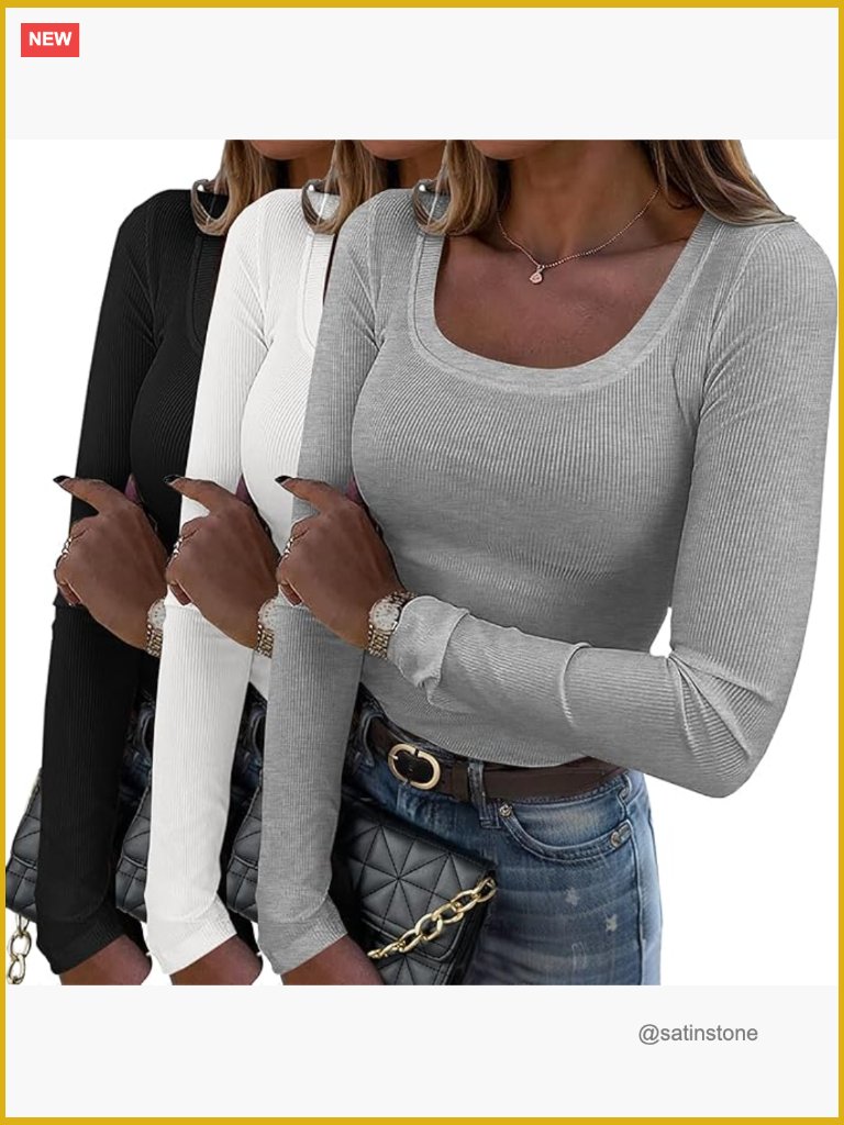 Slim Fit Rib Knit Long Sleeve Scoop Neck T-Shirt Basic Work Top 3-Pack